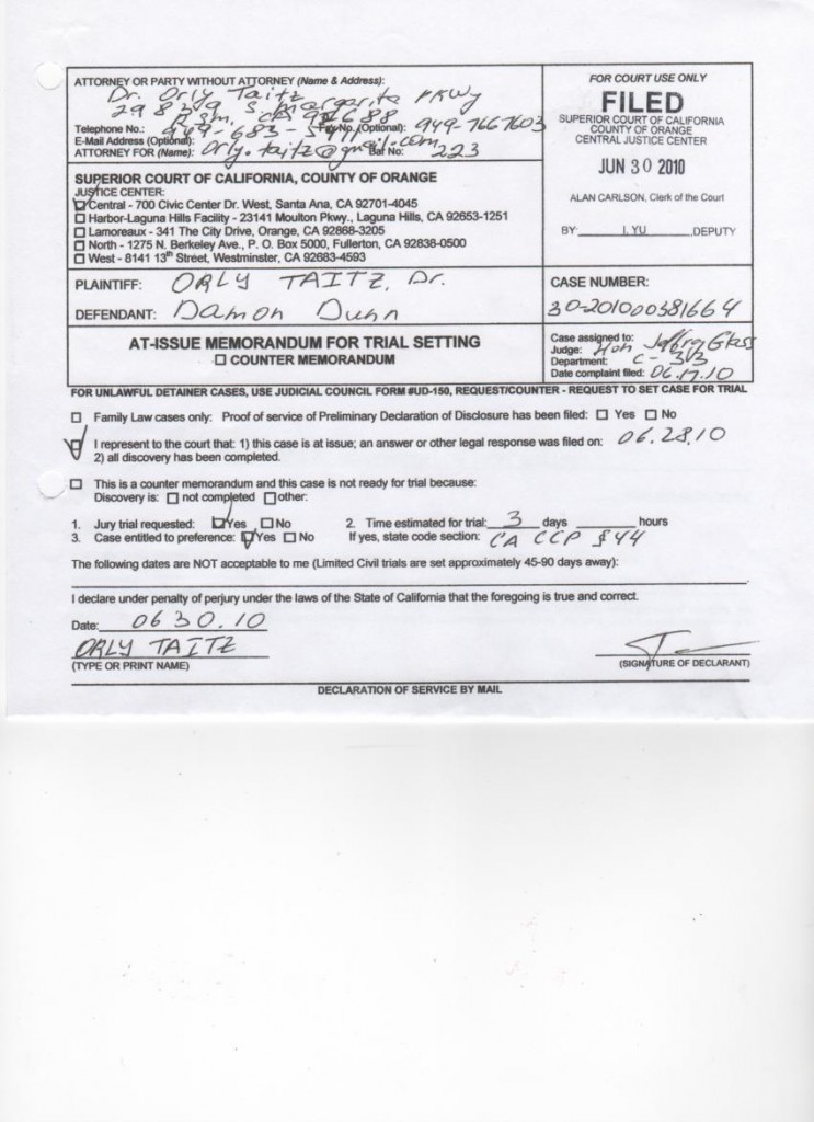 taitz v Dunn schedule trial