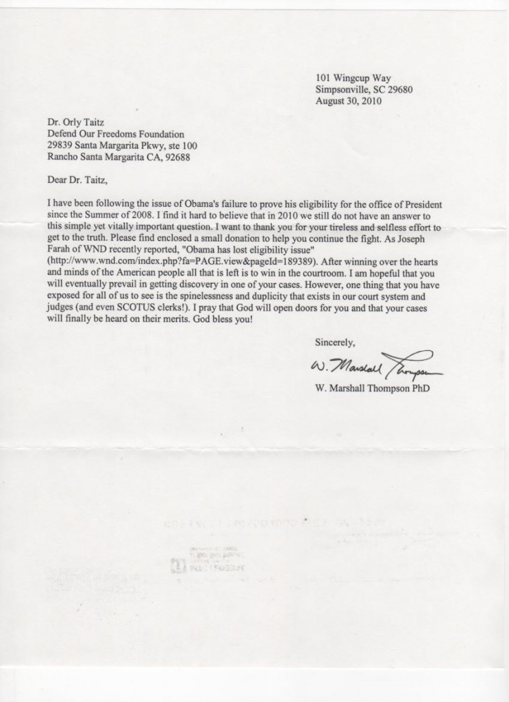 LETTER FROM MARSHALL THOMPSON