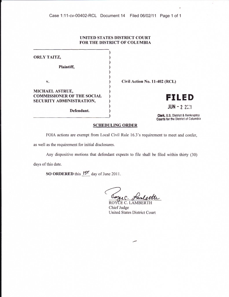 Taitz v Astrue Scheduling order