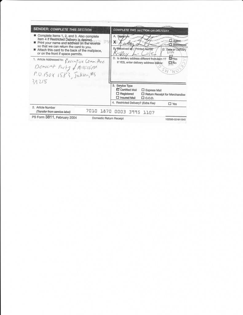 Certified letter Executive committee Dem Party MS