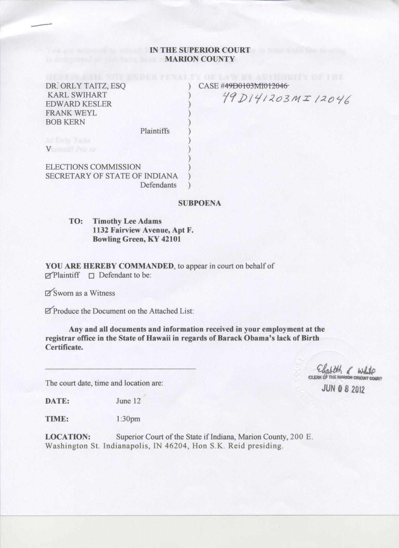 IN Subpoena Tim Adams 1