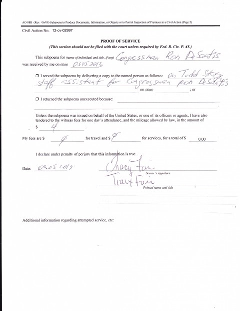 Redacted proof of service on Congressman Ron deSantis