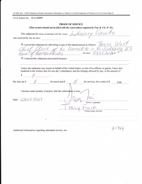 Redacted proof of service on the Judiciary Committee