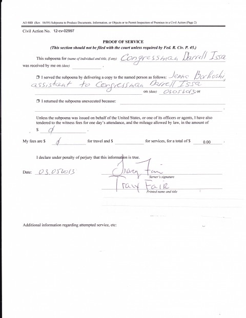 redacted proof of service on Darryll Issa