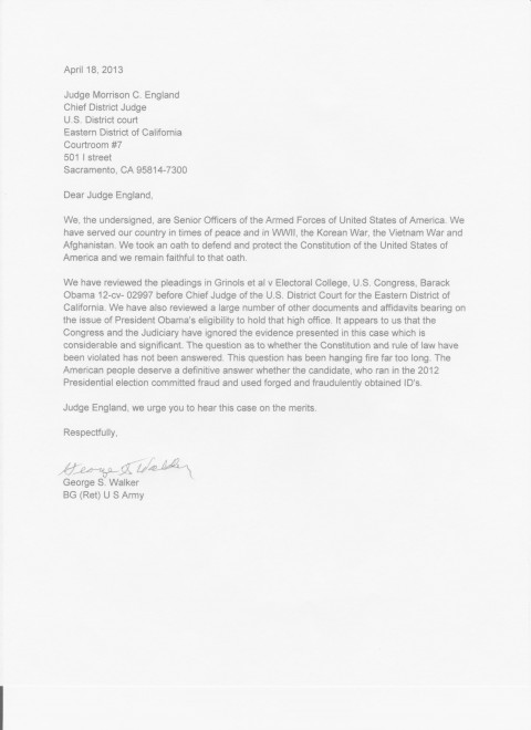 Letter from Brigadier General George S. Walker to Judge England - Copy