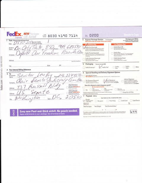 Fedex letter to senator Leahy